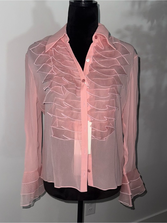 Valentino Tops - Valentino Pink Silk Chiffon Sheer Ruffle Button-Up Blouse Long Sleeve 12